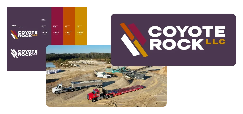 The image showcases the Coyote Rock LLC branding logo in various colors at a bustling construction site. Heavy machinery and trucks enhance the scene, while the stylized text and iconography are elegantly displayed on diverse color sample backgrounds.