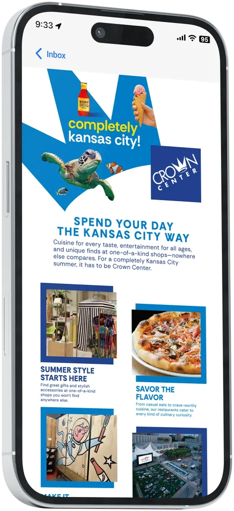 Crown Center brand campaign email blast on a mobile device.