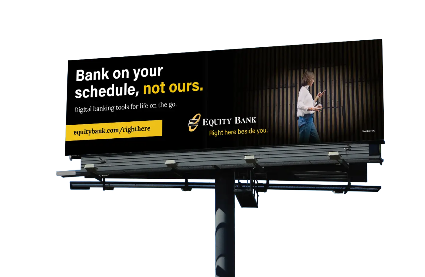 An Equity Bank billboard featuring the headline "Bank on your schedule, not ours."