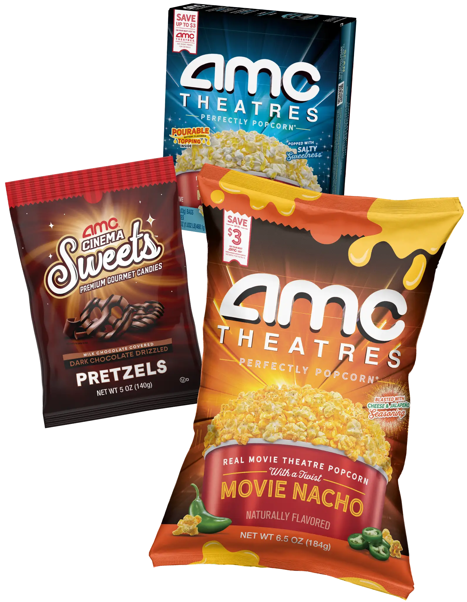 AMC Theatres Perfectly Popcorn and Cinema Sweets Pretzels.