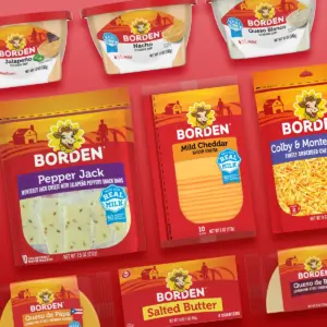 Various Borden products including cheese, butter, and dip.